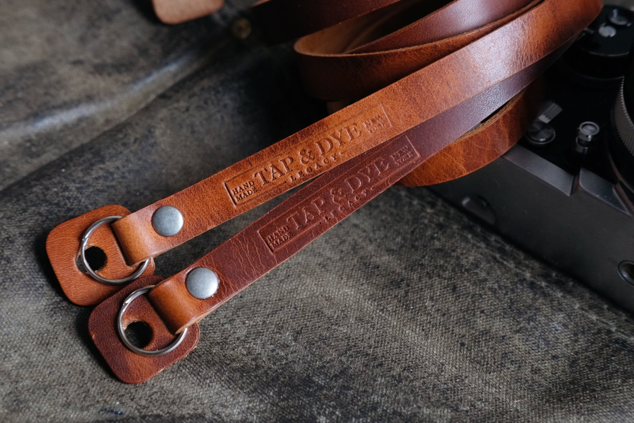 L E G A C Y minimal camera strap - Antique Tan | Dark Amber Beeswax | Black Horween