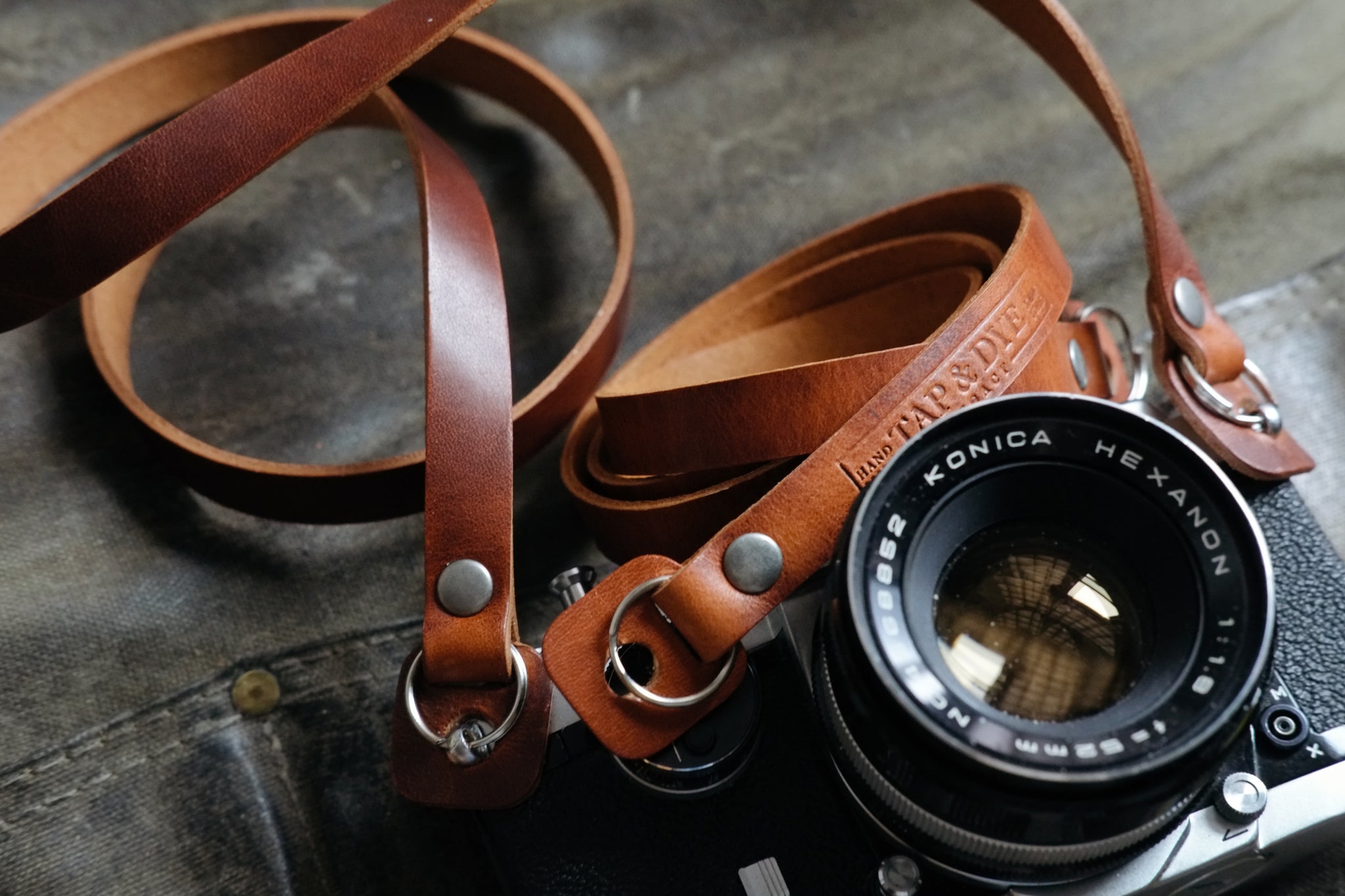 L E G A C Y minimal camera strap - Antique Tan | Dark Amber Beeswax | Black Horween