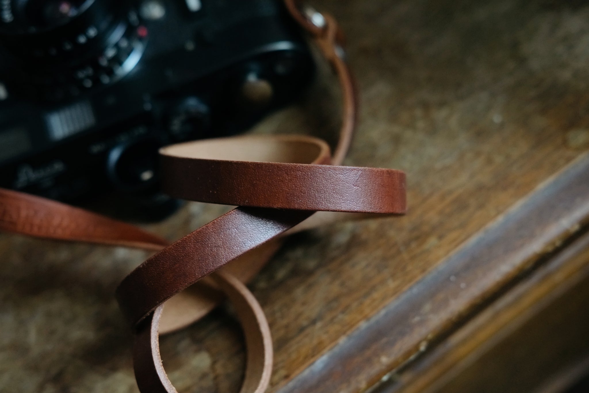 L E G A C Y minimal camera strap - Antique Tan | Dark Amber Beeswax | Black Horween